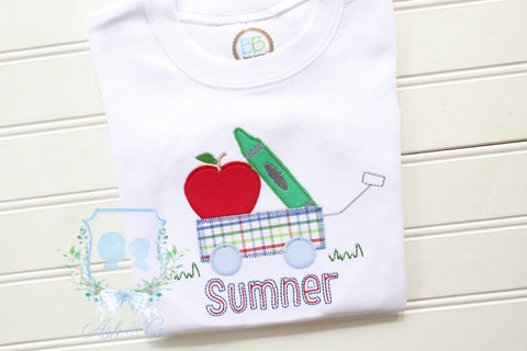 Back to School - Boys Shirt - Wagon w/ Apple and Crayon Applique