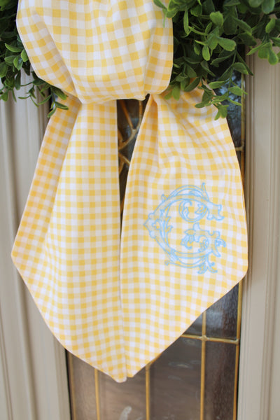 Yellow Gingham Wreath Sash w/ Vintage Vine Monogram